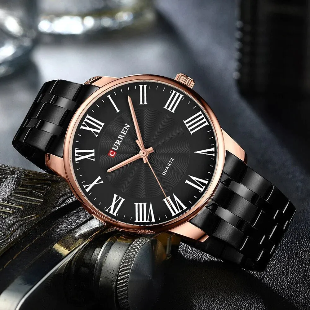 Fashion Brand Quartz Watches for Men Stainless Steel Band Wristwatches Black Clock for Male