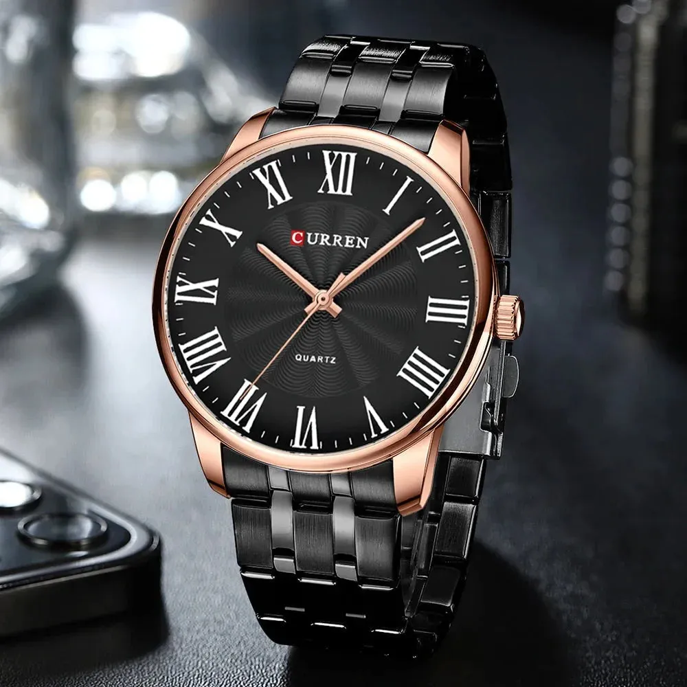 Fashion Brand Quartz Watches for Men Stainless Steel Band Wristwatches Black Clock for Male