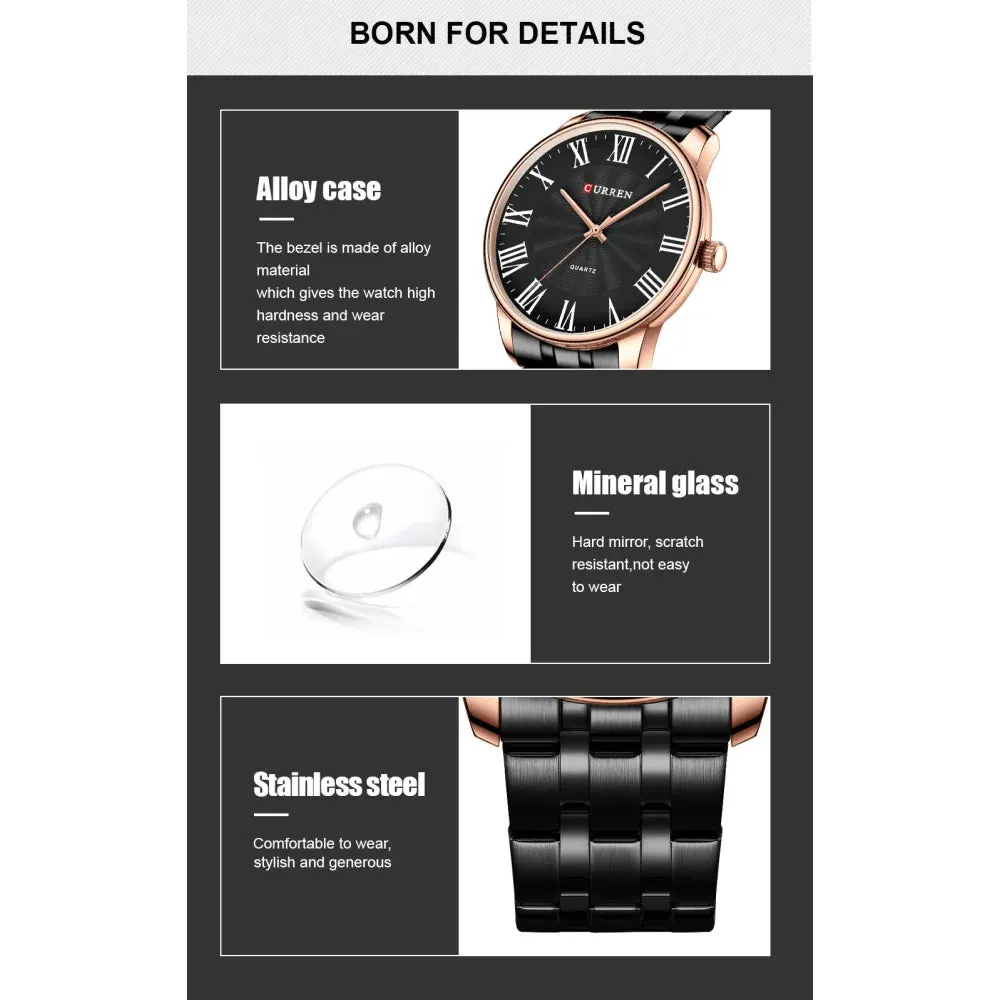 Fashion Brand Quartz Watches for Men Stainless Steel Band Wristwatches Black Clock for Male
