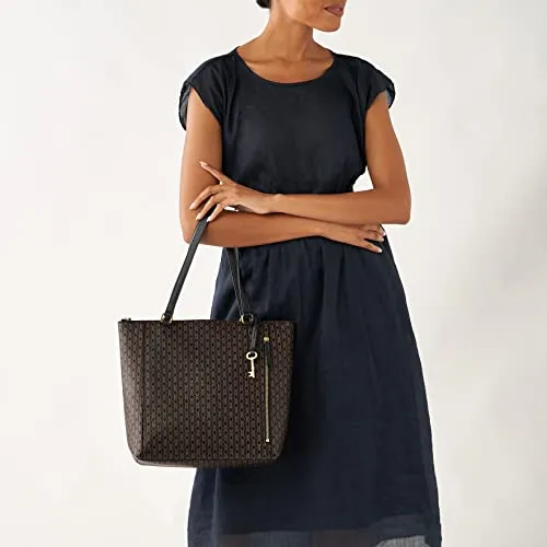 Fossil Women's Tara Faux Leather Shopper Tote Purse Handbag, Black/Brown (Model: ZB1781015)