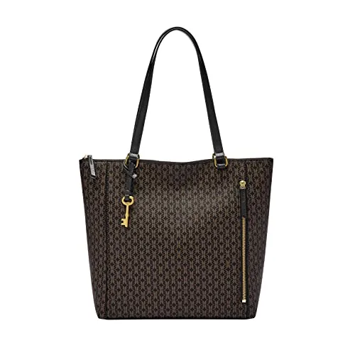 Fossil Women's Tara Faux Leather Shopper Tote Purse Handbag, Black/Brown (Model: ZB1781015)