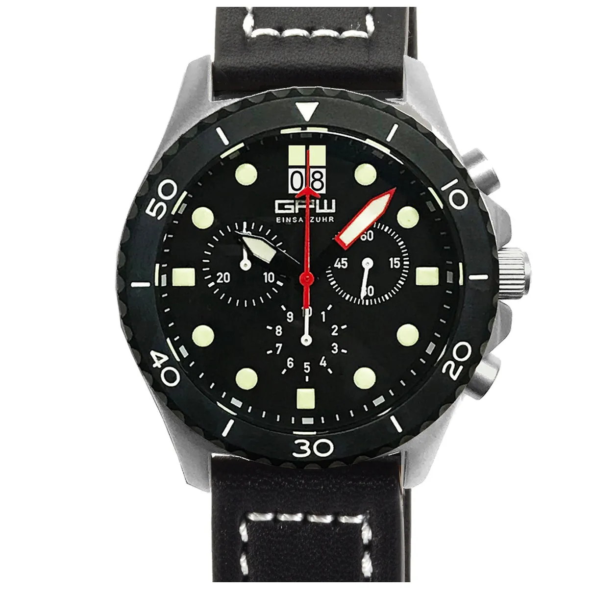 German Military Titanium Chronograph. GPW Mission Chrono. Big Date. 10 BAR W/R. Sapphire Crystal. Black Leatherstrap.