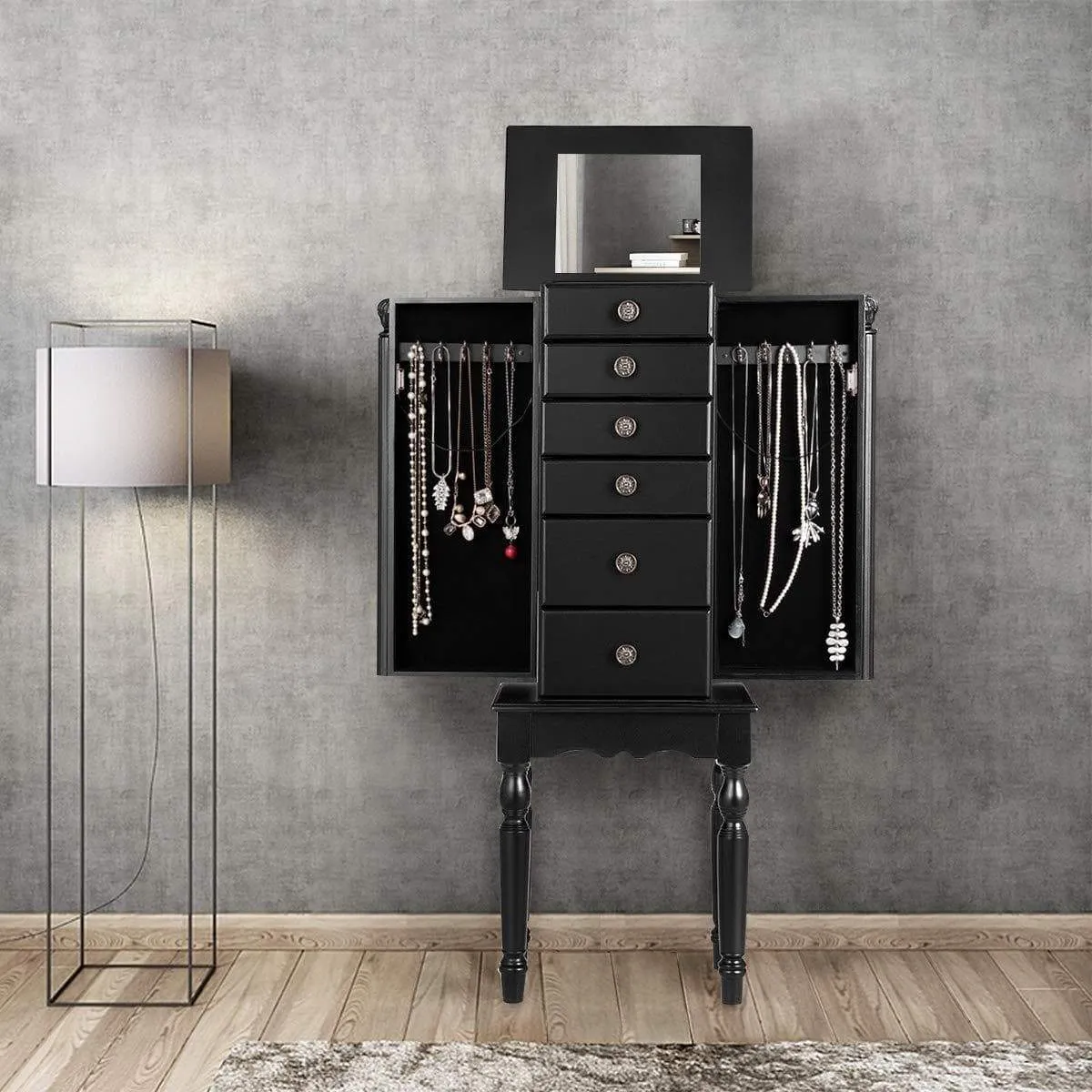 Giantex Jewelry Armoire Chest Cabinet Storage Box with Top Flip Makeup Mirror Large Standing Organizer for Bedroom 10 Necklace Hooks Space Saving Side Swing Doors Jewelry Armoires w/ 5 Drawers (Black)