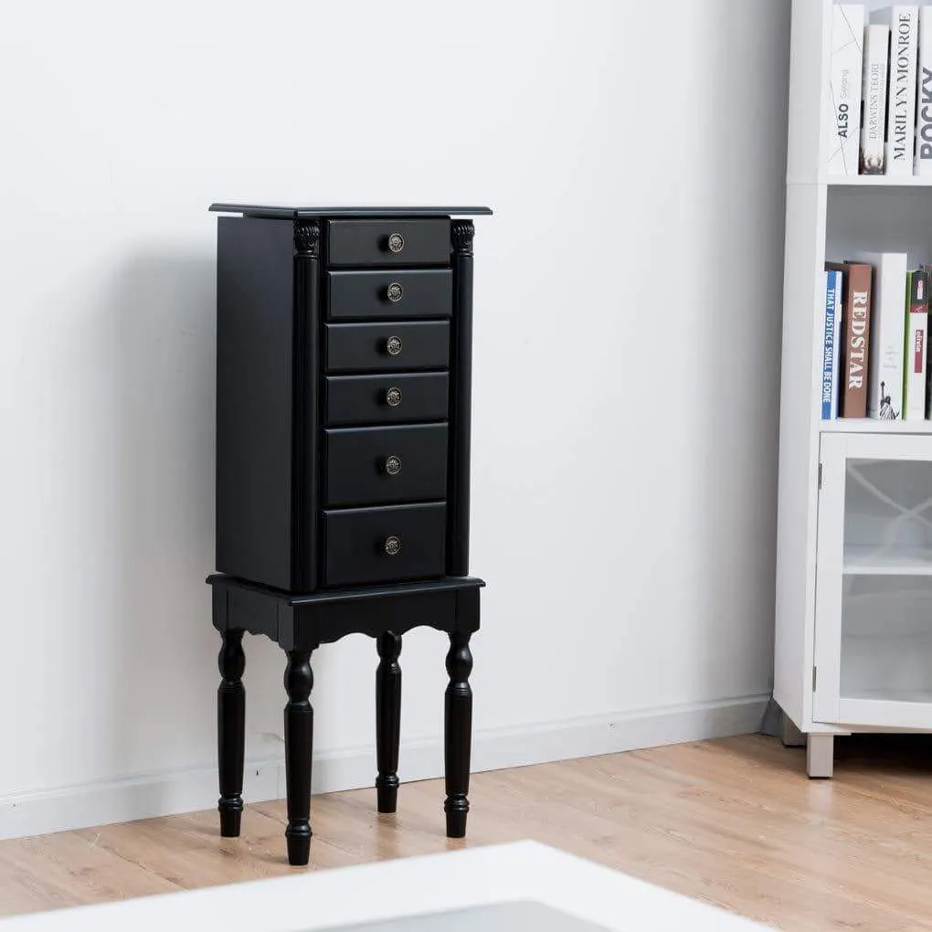 Giantex Jewelry Armoire Chest Cabinet Storage Box with Top Flip Makeup Mirror Large Standing Organizer for Bedroom 10 Necklace Hooks Space Saving Side Swing Doors Jewelry Armoires w/ 5 Drawers (Black)