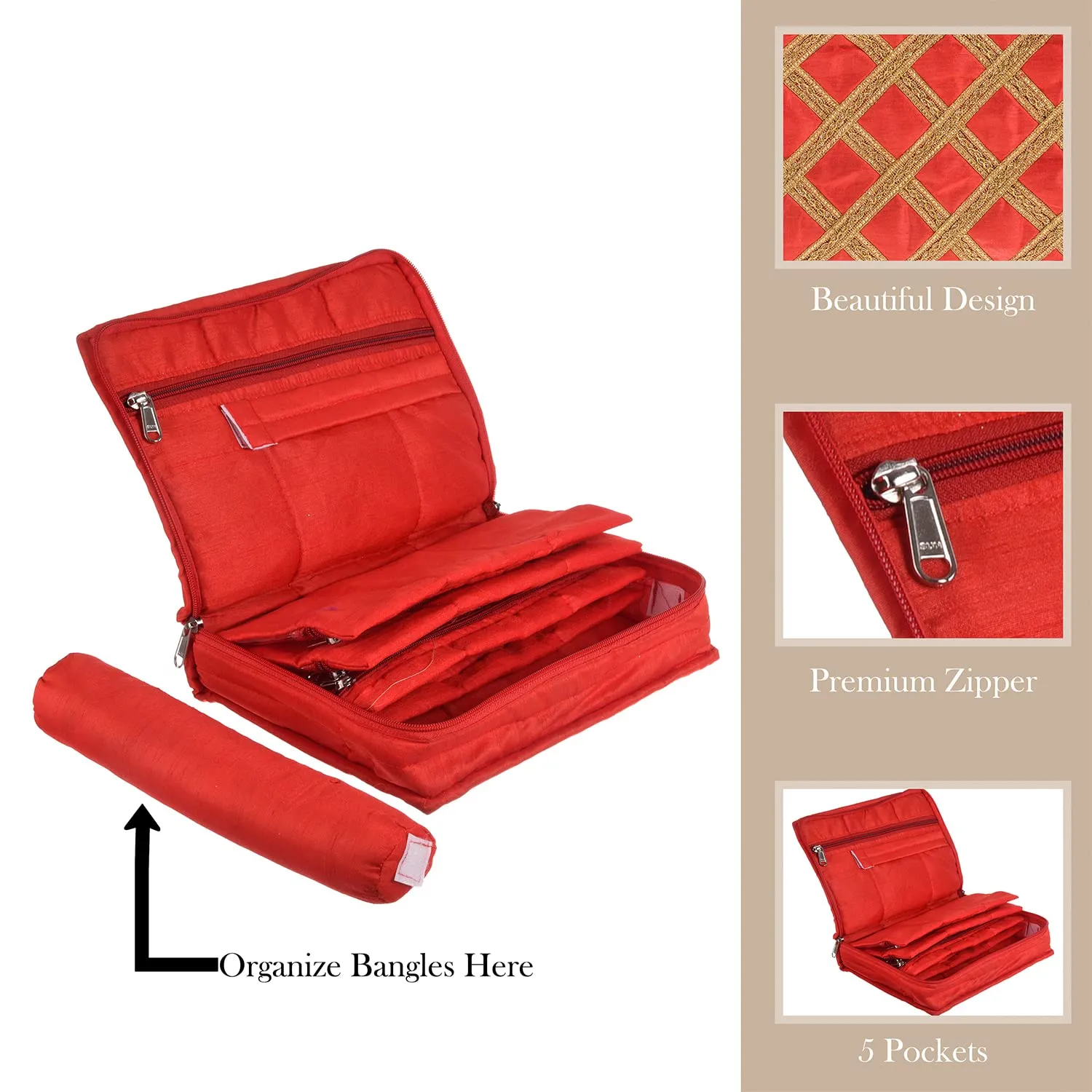 Heart Home Jewellery Kit with Bangle Roll | Polyester Gota Lace Check Design Vanity Organizer | 4 Transparent Pouch & 1 Compartment Cosmatic Kit | Red