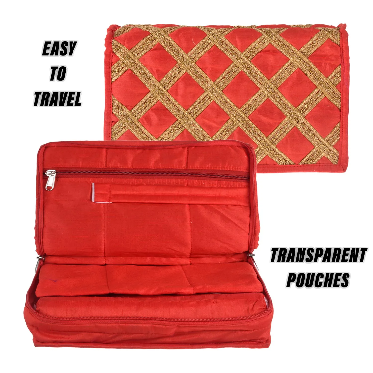 Heart Home Jewellery Kit with Bangle Roll | Polyester Gota Lace Check Design Vanity Organizer | 4 Transparent Pouch & 1 Compartment Cosmatic Kit | Red