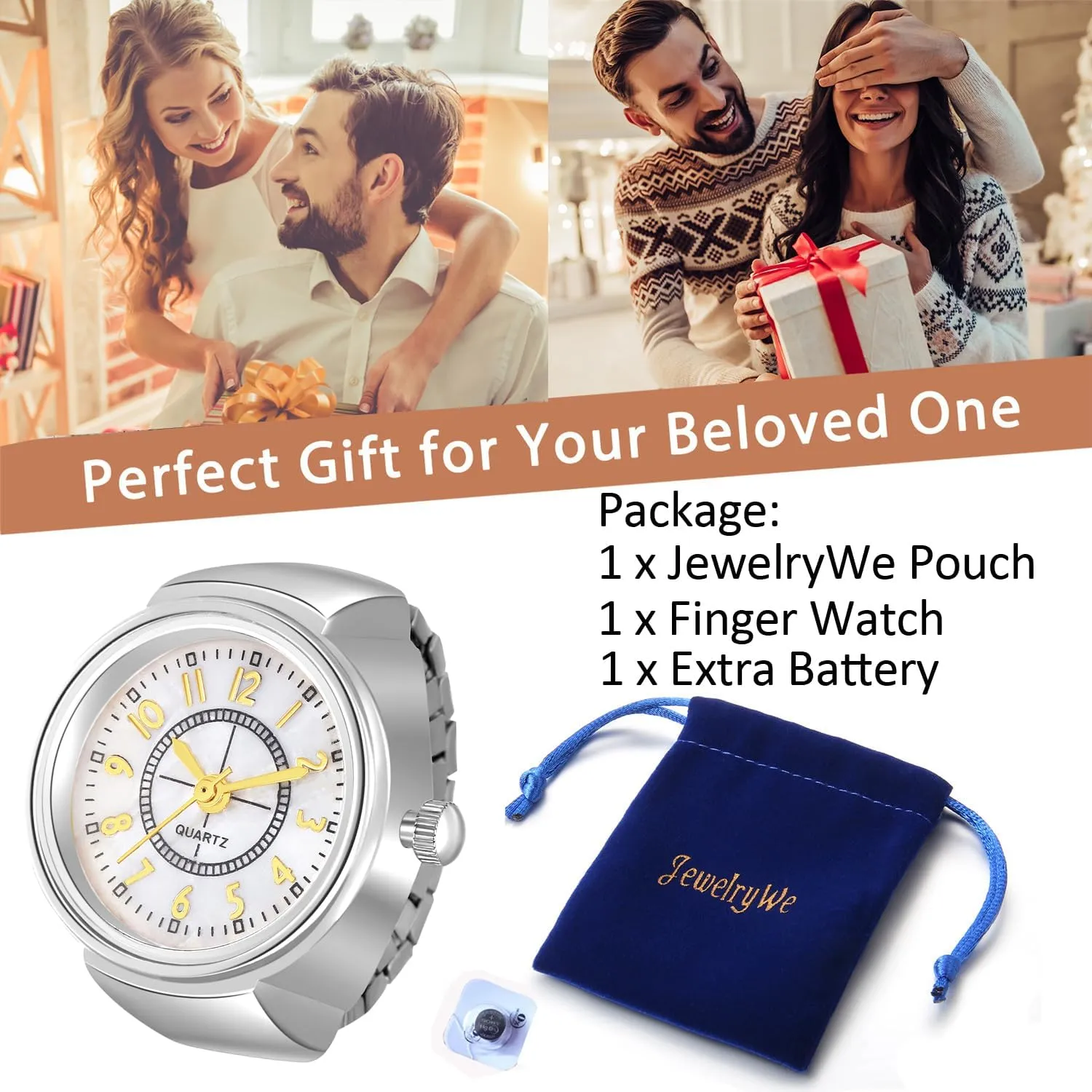 JewelryWe Men Women Finger Watch Stretchy Band Elastic Round Simple Dial Quartz Ring Watches