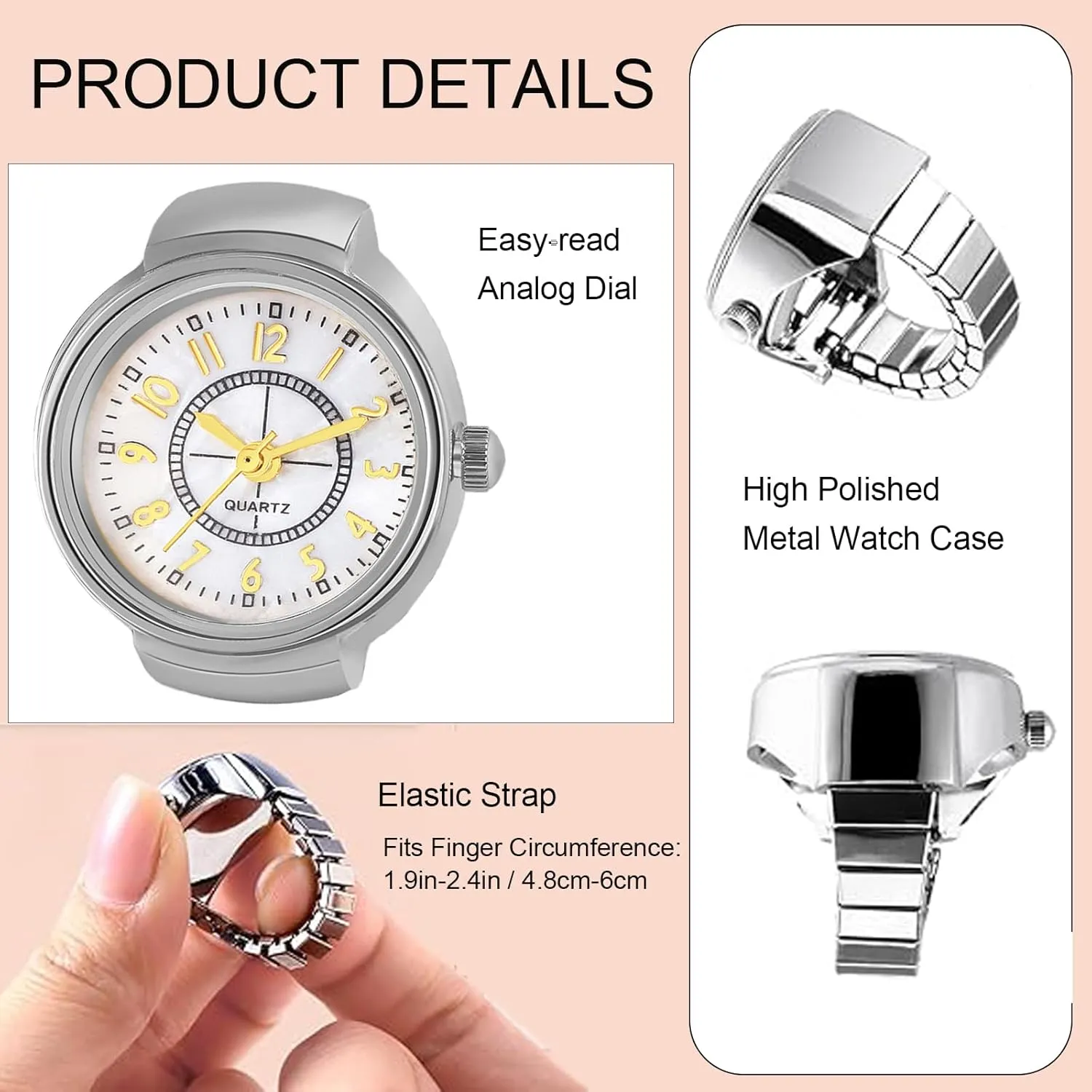JewelryWe Men Women Finger Watch Stretchy Band Elastic Round Simple Dial Quartz Ring Watches