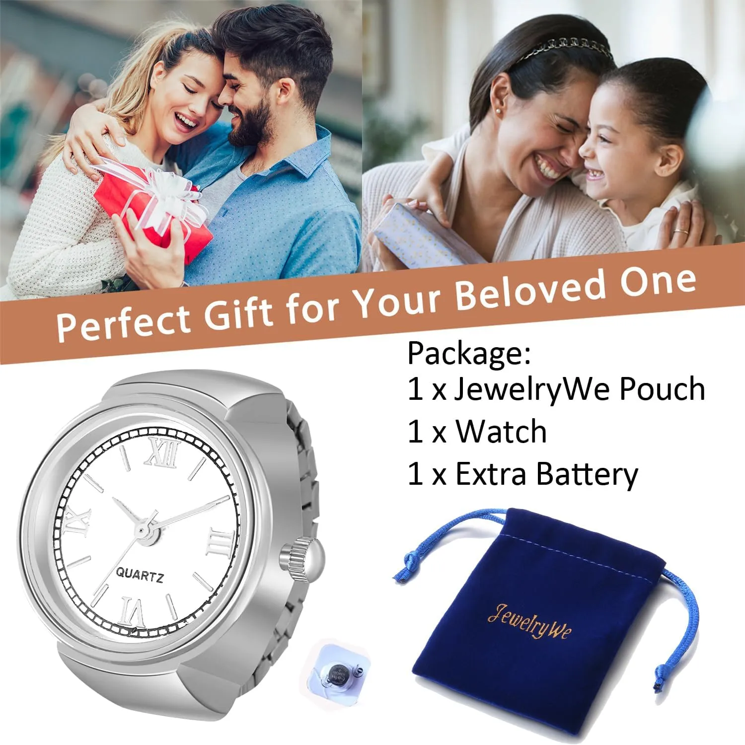 JewelryWe Men Women Finger Watch Stretchy Band Elastic Round Simple Dial Quartz Ring Watches