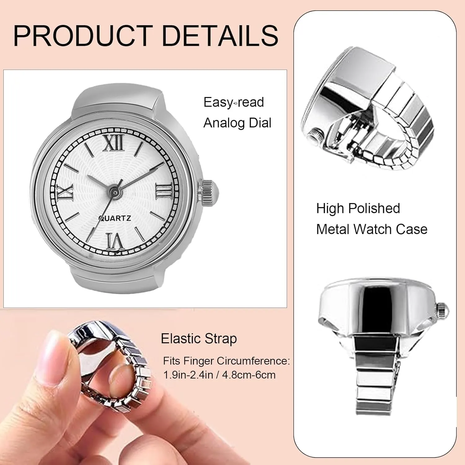 JewelryWe Men Women Finger Watch Stretchy Band Elastic Round Simple Dial Quartz Ring Watches