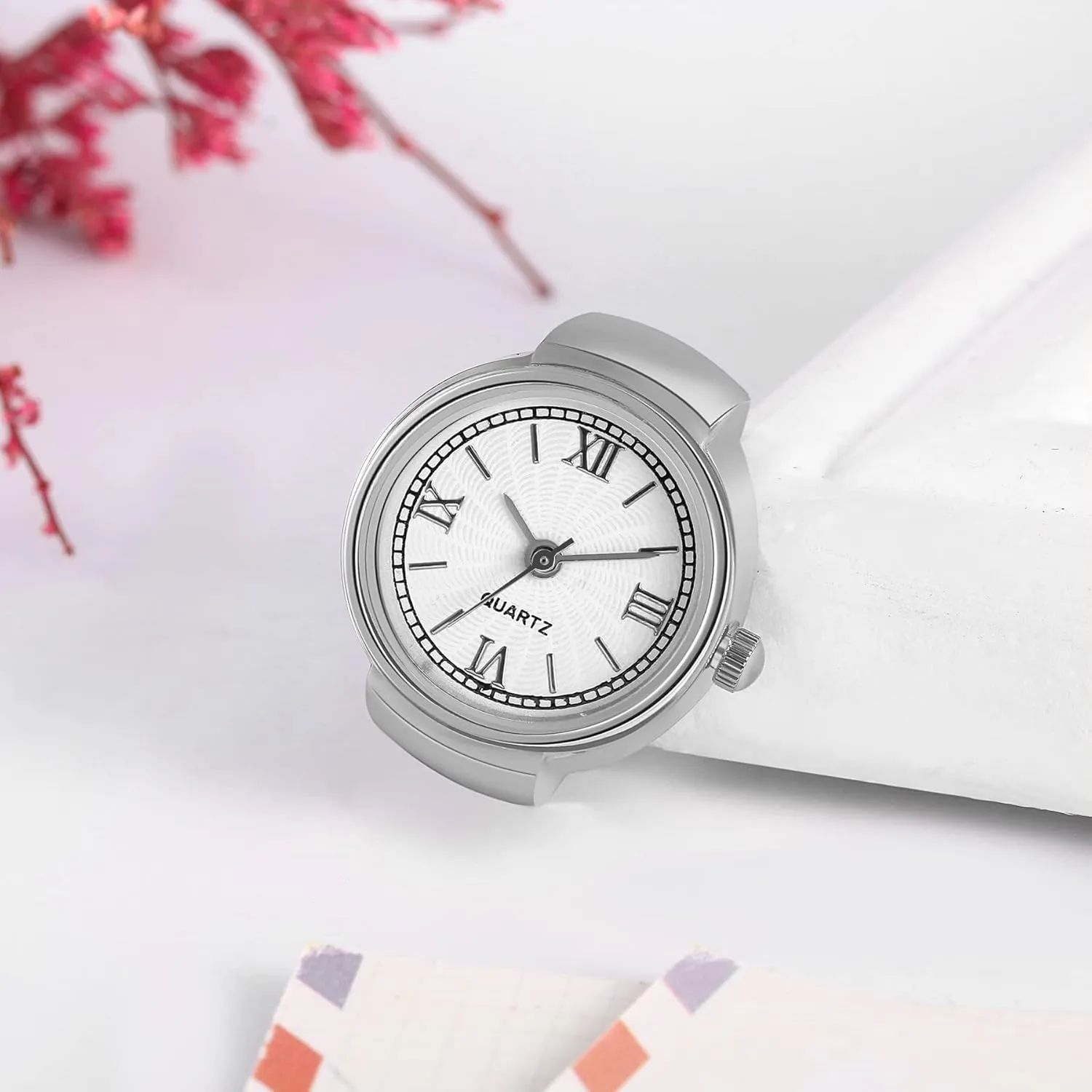 JewelryWe Men Women Finger Watch Stretchy Band Elastic Round Simple Dial Quartz Ring Watches
