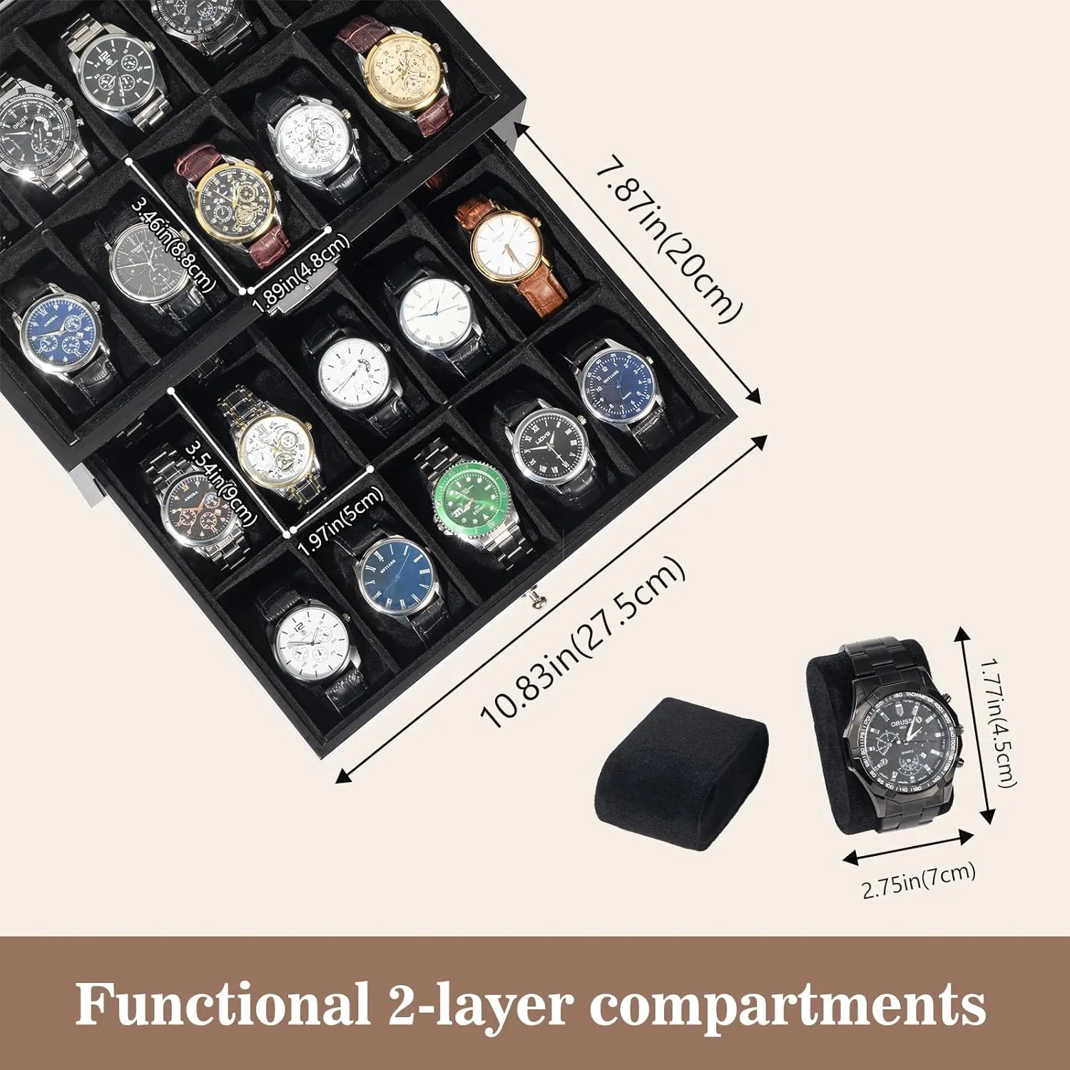 Lacquered Finish Wooden Men's Jewelry Box, Watch and Sunglasses Box Organizer for Men, 2-Tier Watch Holder Display Cases with Clear Glass Top and Storage Drawer