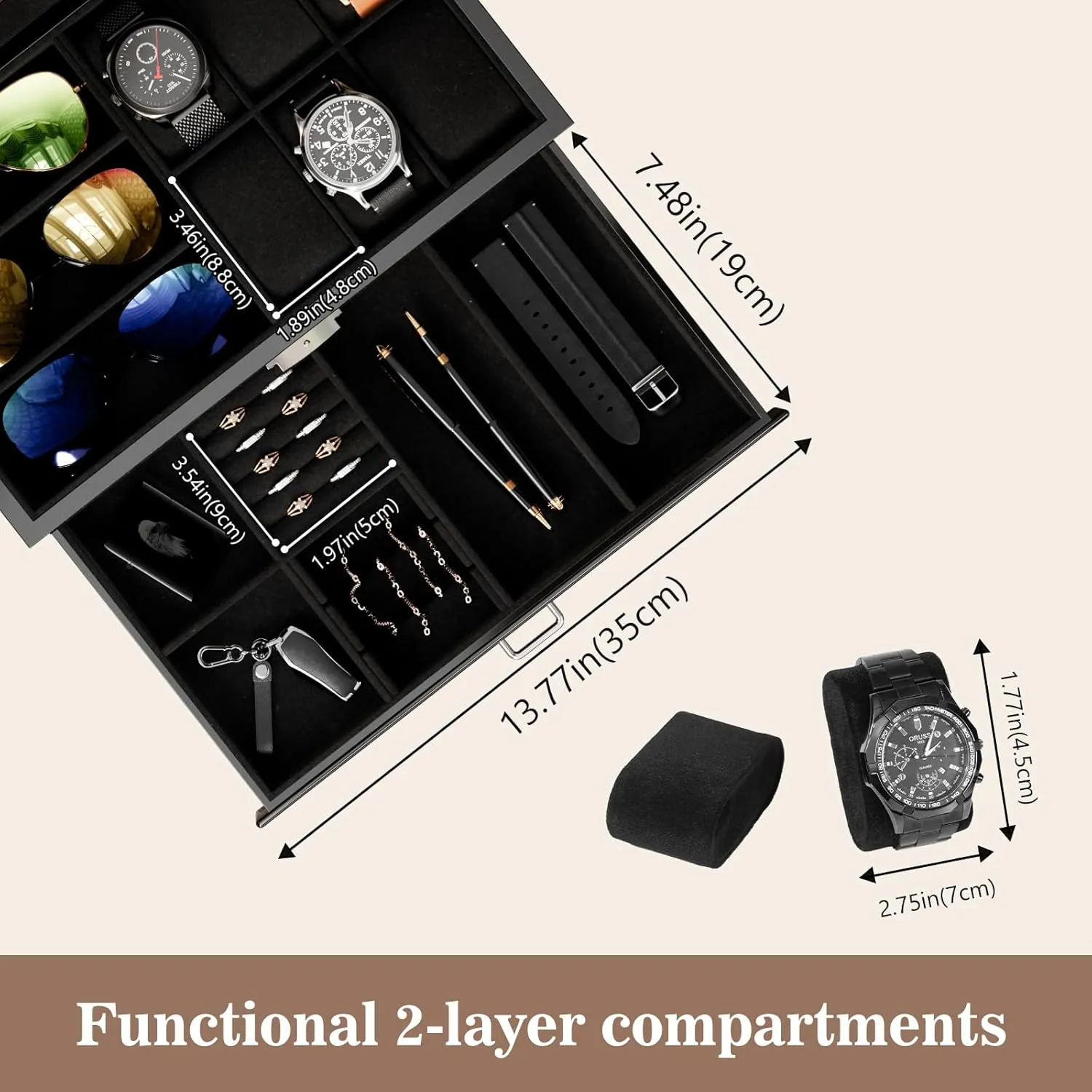 Lacquered Finish Wooden Men's Jewelry Box, Watch and Sunglasses Box Organizer for Men, 2-Tier Watch Holder Display Cases with Clear Glass Top and Storage Drawer