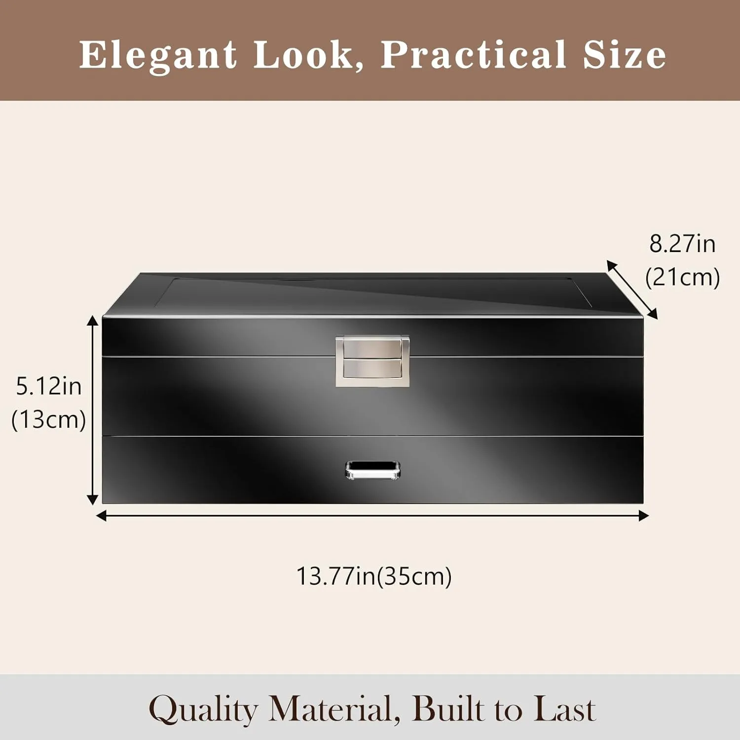 Lacquered Finish Wooden Men's Jewelry Box, Watch and Sunglasses Box Organizer for Men, 2-Tier Watch Holder Display Cases with Clear Glass Top and Storage Drawer