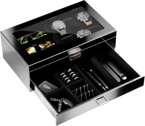 Lacquered Finish Wooden Men's Jewelry Box, Watch and Sunglasses Box Organizer for Men, 2-Tier Watch Holder Display Cases with Clear Glass Top and Storage Drawer