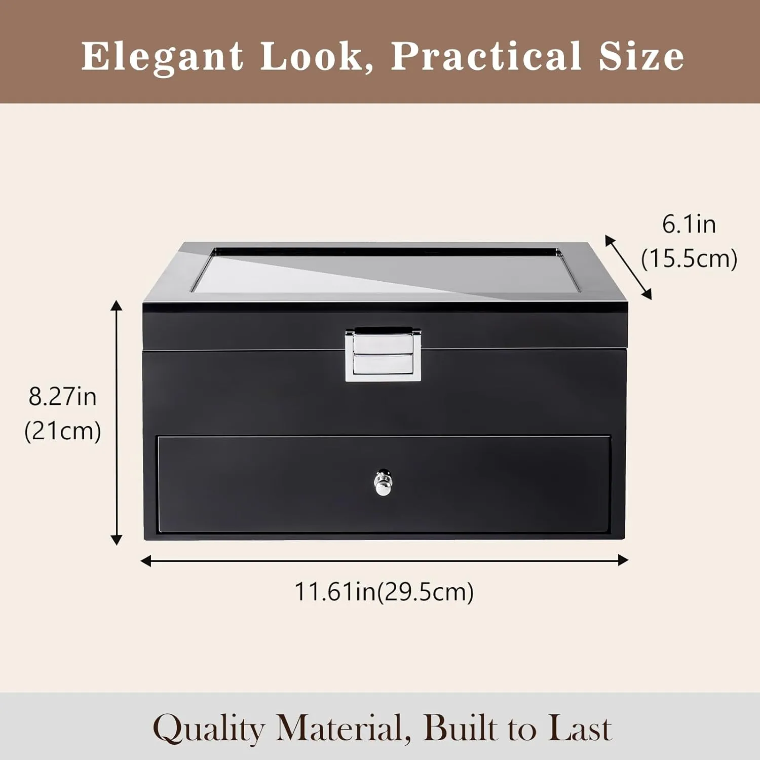Lacquered Finish Wooden Men's Jewelry Box, Watch and Sunglasses Box Organizer for Men, 2-Tier Watch Holder Display Cases with Clear Glass Top and Storage Drawer