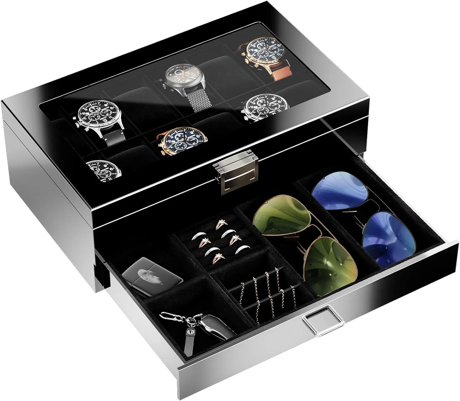 Lacquered Finish Wooden Men's Jewelry Box, Watch and Sunglasses Box Organizer for Men, 2-Tier Watch Holder Display Cases with Clear Glass Top and Storage Drawer