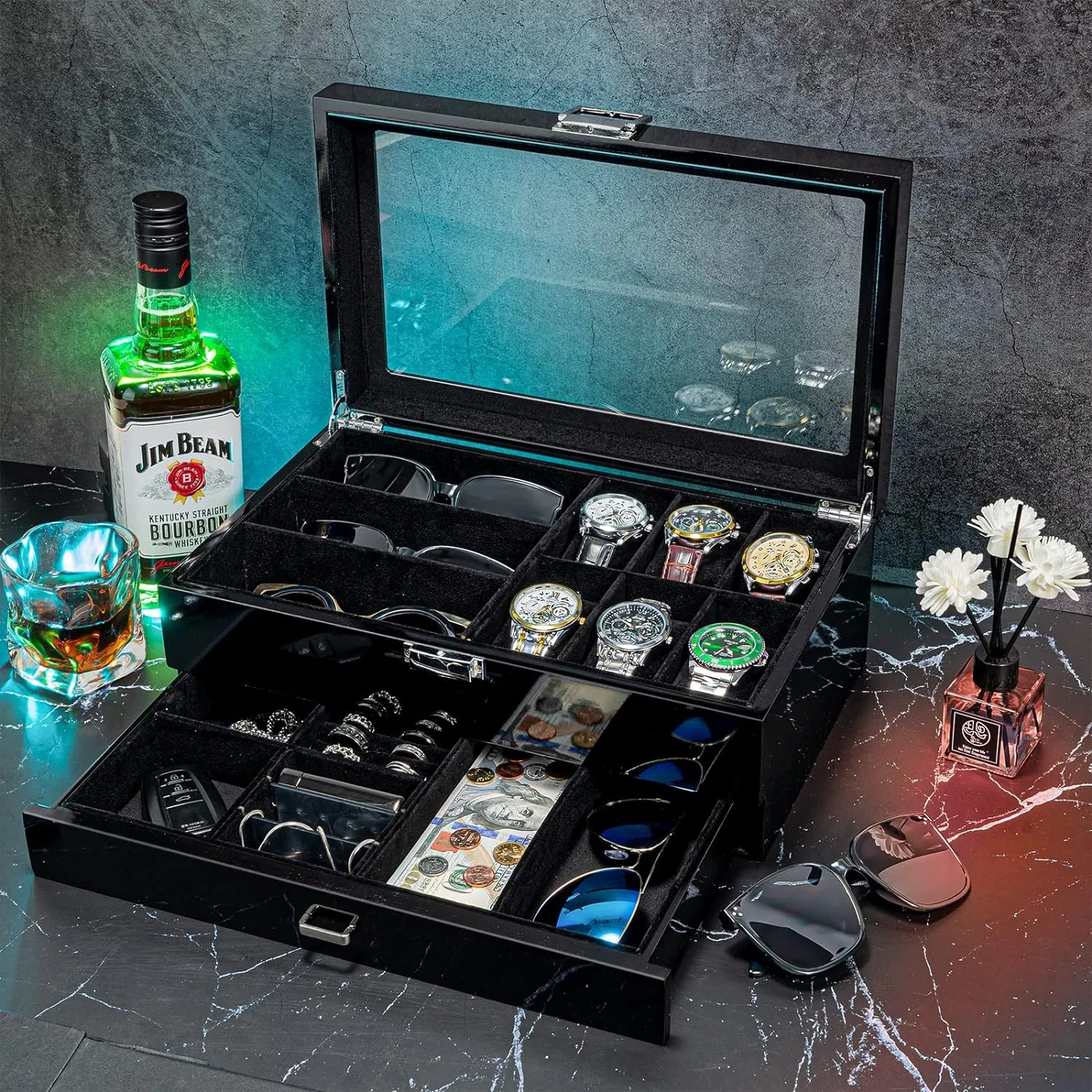 Lacquered Finish Wooden Men's Jewelry Box, Watch and Sunglasses Box Organizer for Men, 2-Tier Watch Holder Display Cases with Clear Glass Top and Storage Drawer