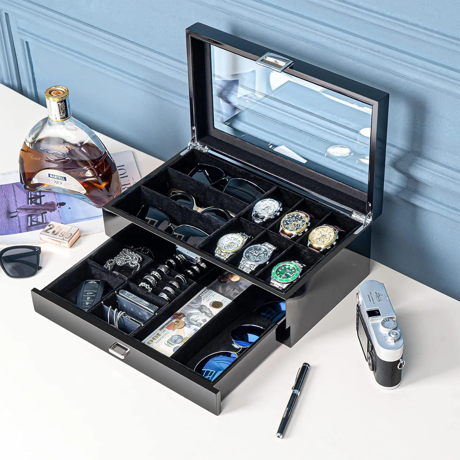 Lacquered Finish Wooden Men's Jewelry Box, Watch and Sunglasses Box Organizer for Men, 2-Tier Watch Holder Display Cases with Clear Glass Top and Storage Drawer