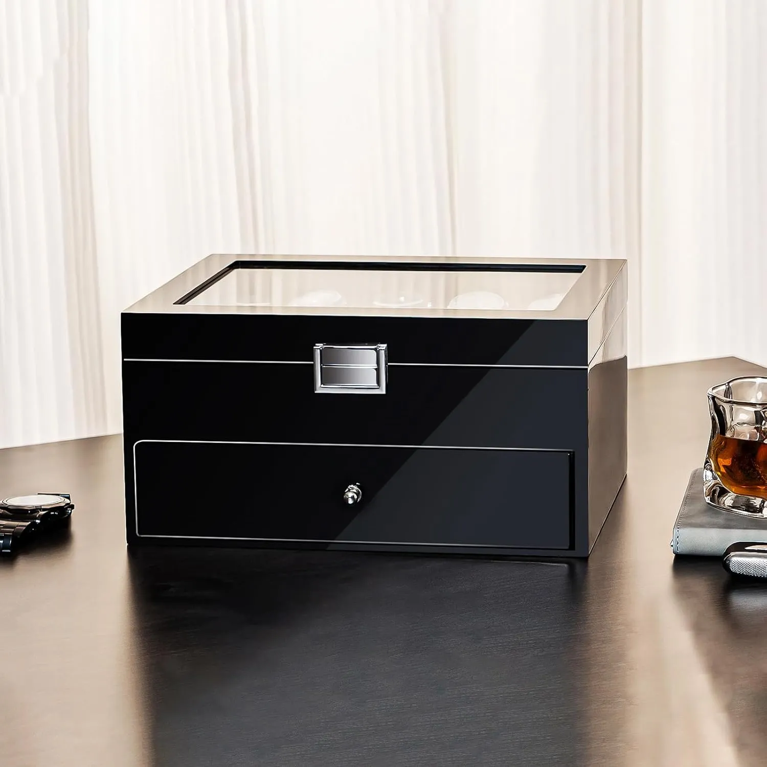 Lacquered Finish Wooden Men's Jewelry Box, Watch and Sunglasses Box Organizer for Men, 2-Tier Watch Holder Display Cases with Clear Glass Top and Storage Drawer