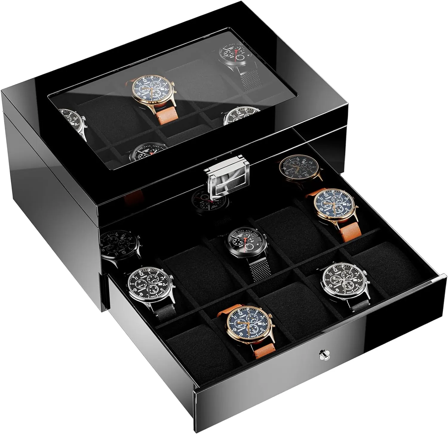 Lacquered Finish Wooden Men's Jewelry Box, Watch and Sunglasses Box Organizer for Men, 2-Tier Watch Holder Display Cases with Clear Glass Top and Storage Drawer