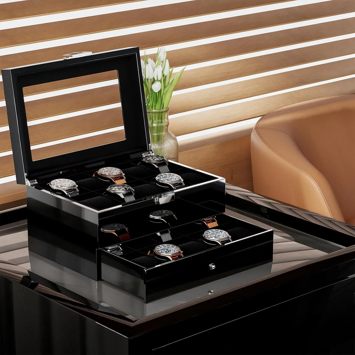 Lacquered Finish Wooden Men's Jewelry Box, Watch and Sunglasses Box Organizer for Men, 2-Tier Watch Holder Display Cases with Clear Glass Top and Storage Drawer