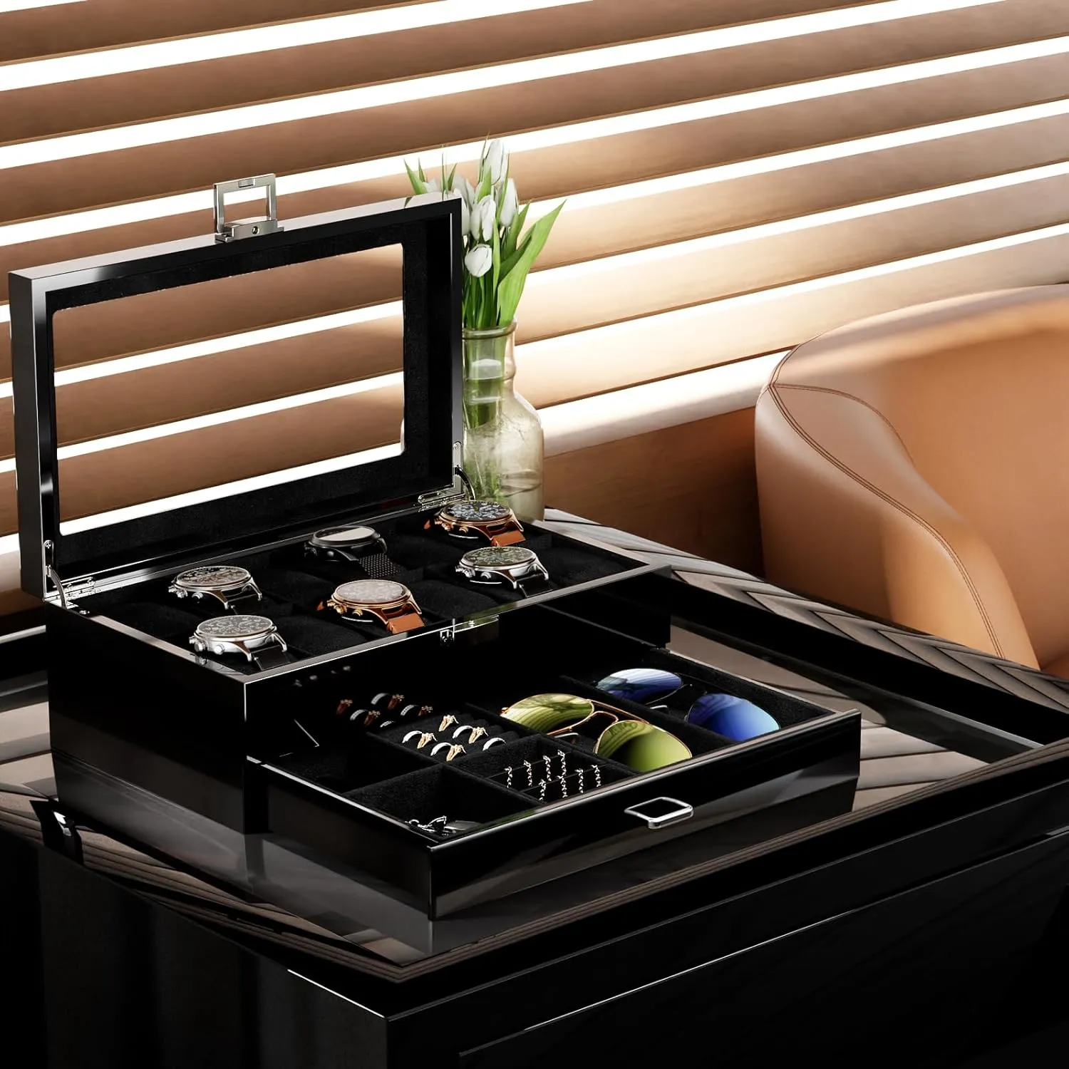 Lacquered Finish Wooden Men's Jewelry Box, Watch and Sunglasses Box Organizer for Men, 2-Tier Watch Holder Display Cases with Clear Glass Top and Storage Drawer