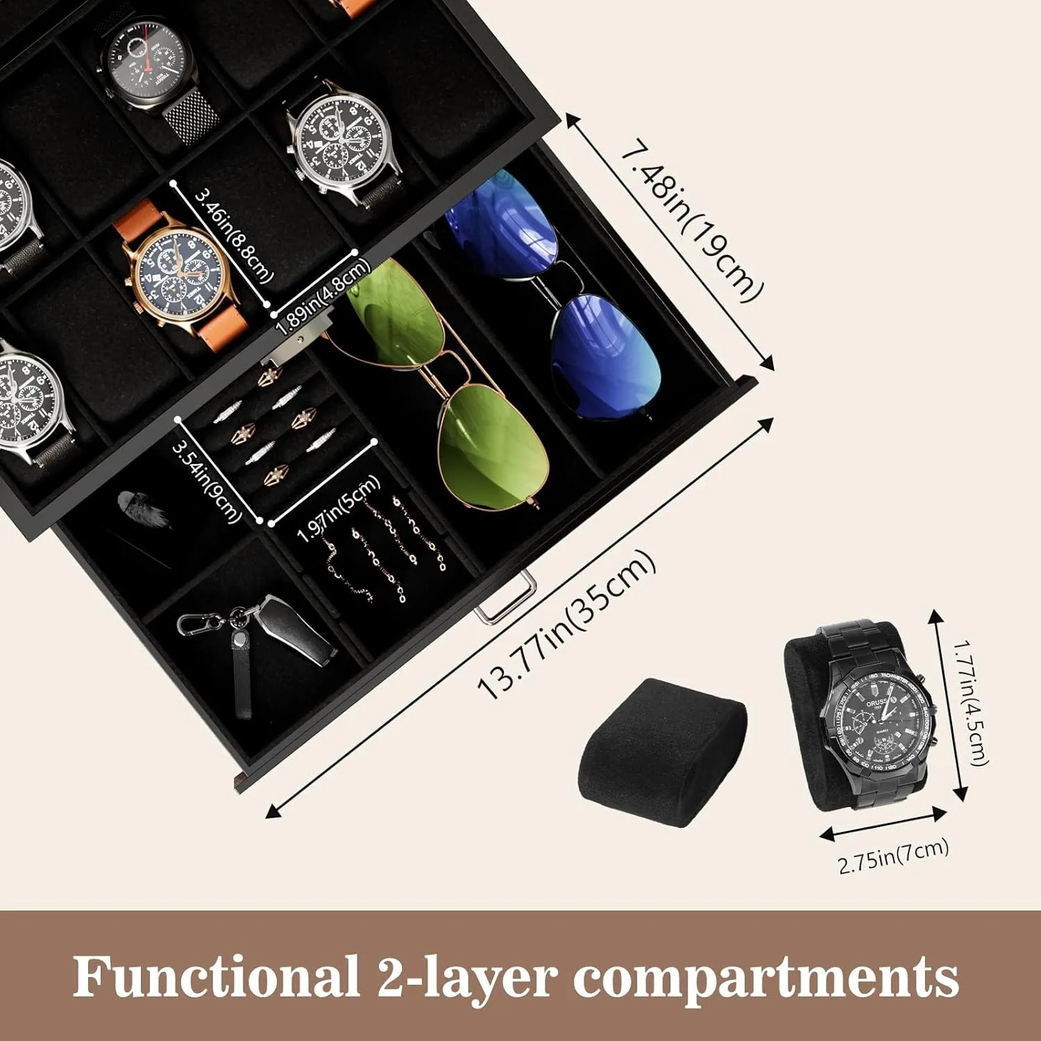 Lacquered Finish Wooden Men's Jewelry Box, Watch and Sunglasses Box Organizer for Men, 2-Tier Watch Holder Display Cases with Clear Glass Top and Storage Drawer