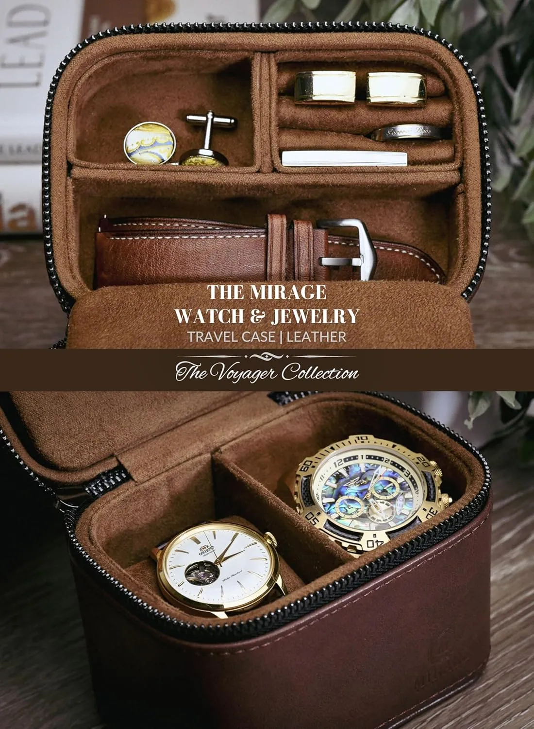 Leather Watch and Jewelry Travel Case for Men  Cufflink and Watch Band Travel Case Organizer  Coffee Brown Swiss-Motif Genuine Leather