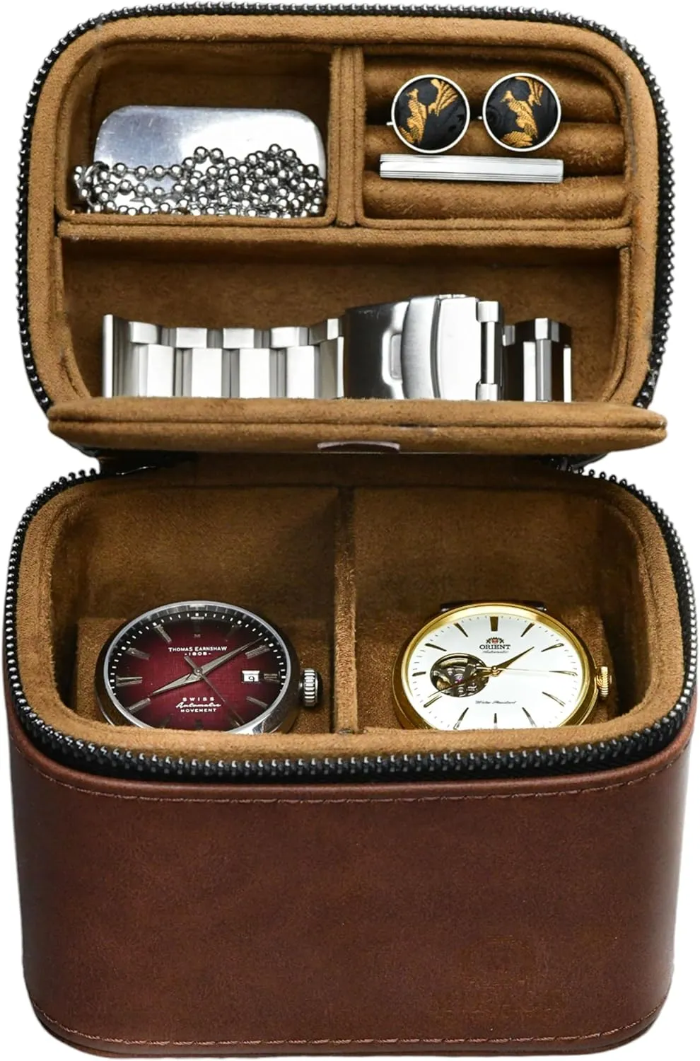 Leather Watch and Jewelry Travel Case for Men  Cufflink and Watch Band Travel Case Organizer  Coffee Brown Swiss-Motif Genuine Leather
