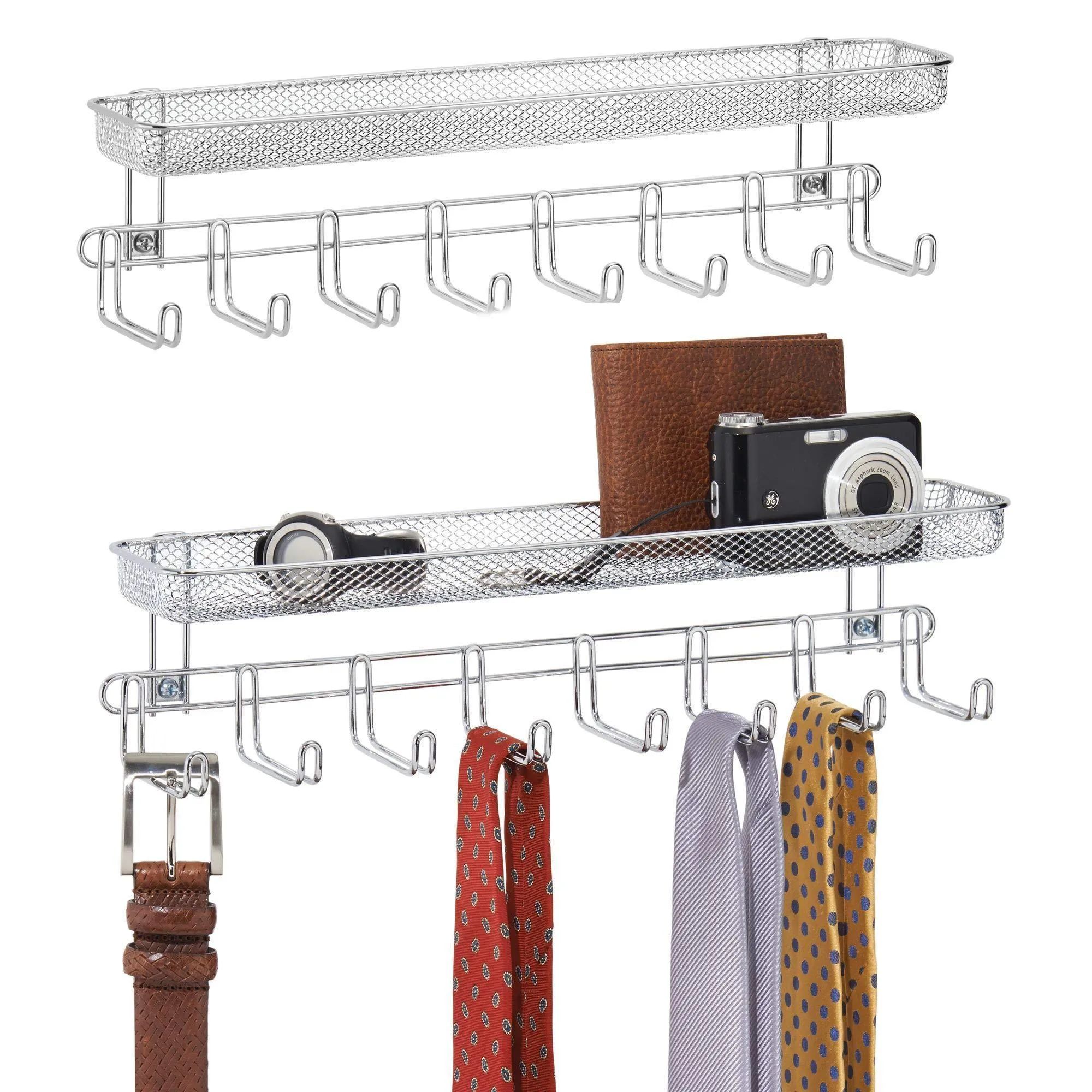 mDesign Closet Wall Mount Accessory Organizer for Storage of Ties, Belts, Watches, Glasses, Accessories - 8 Hooks/1 Basket, Pack of 2, Chrome