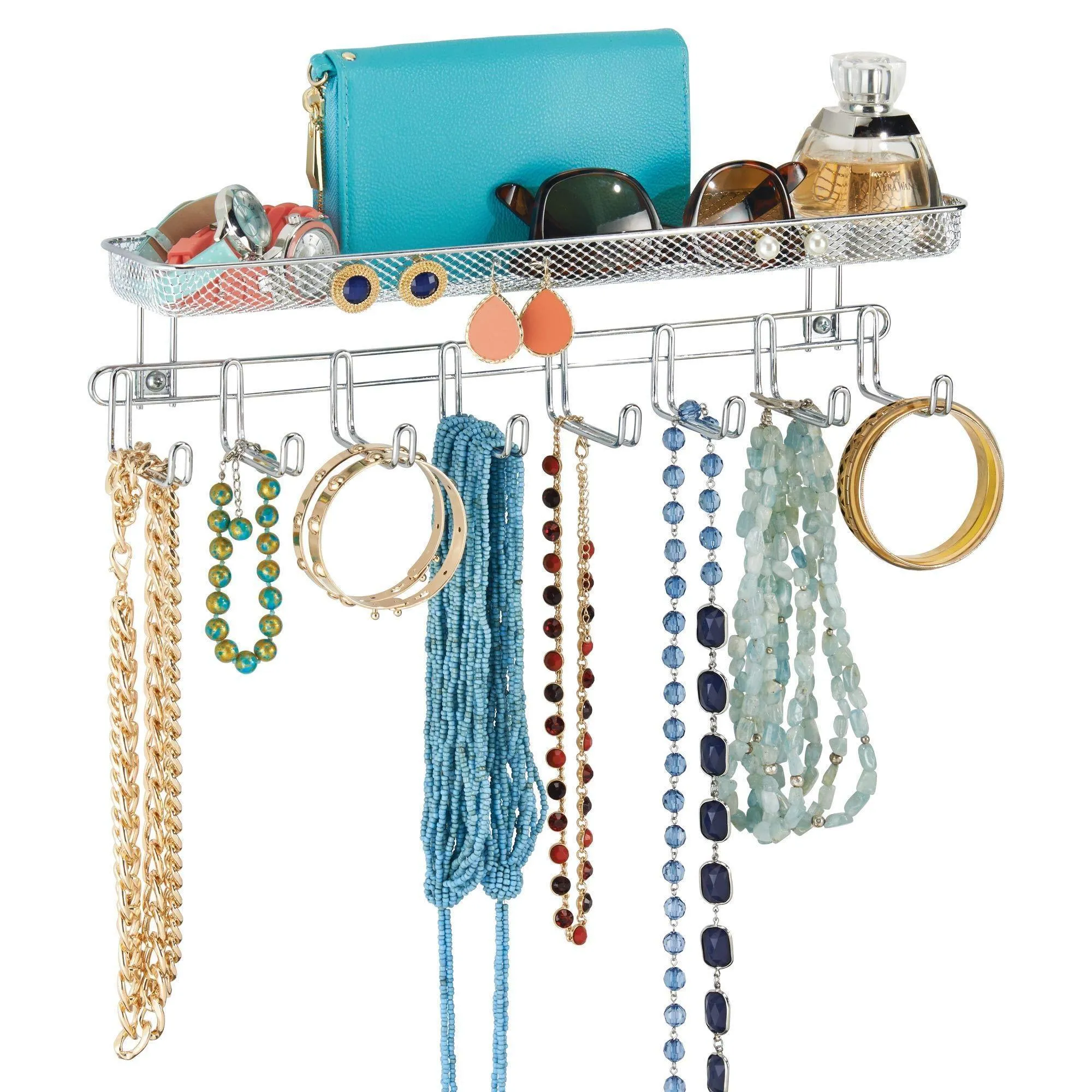 mDesign Closet Wall Mount Accessory Organizer for Storage of Ties, Belts, Watches, Glasses, Accessories - 8 Hooks/1 Basket, Pack of 2, Chrome