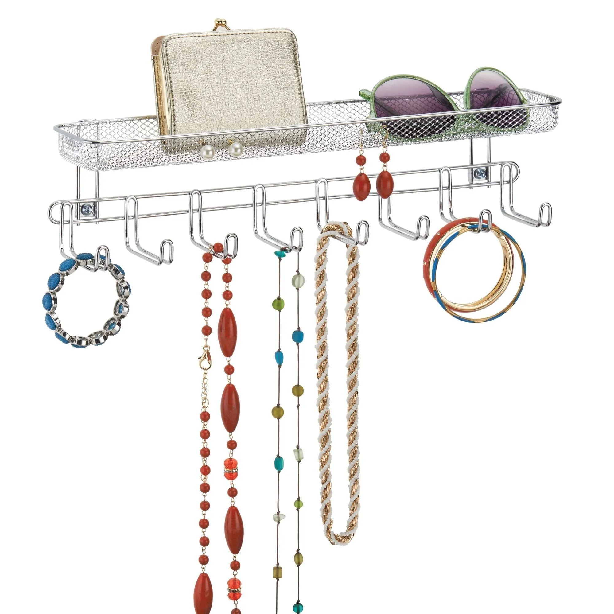 mDesign Closet Wall Mount Accessory Organizer for Storage of Ties, Belts, Watches, Glasses, Accessories - 8 Hooks/1 Basket, Pack of 2, Chrome
