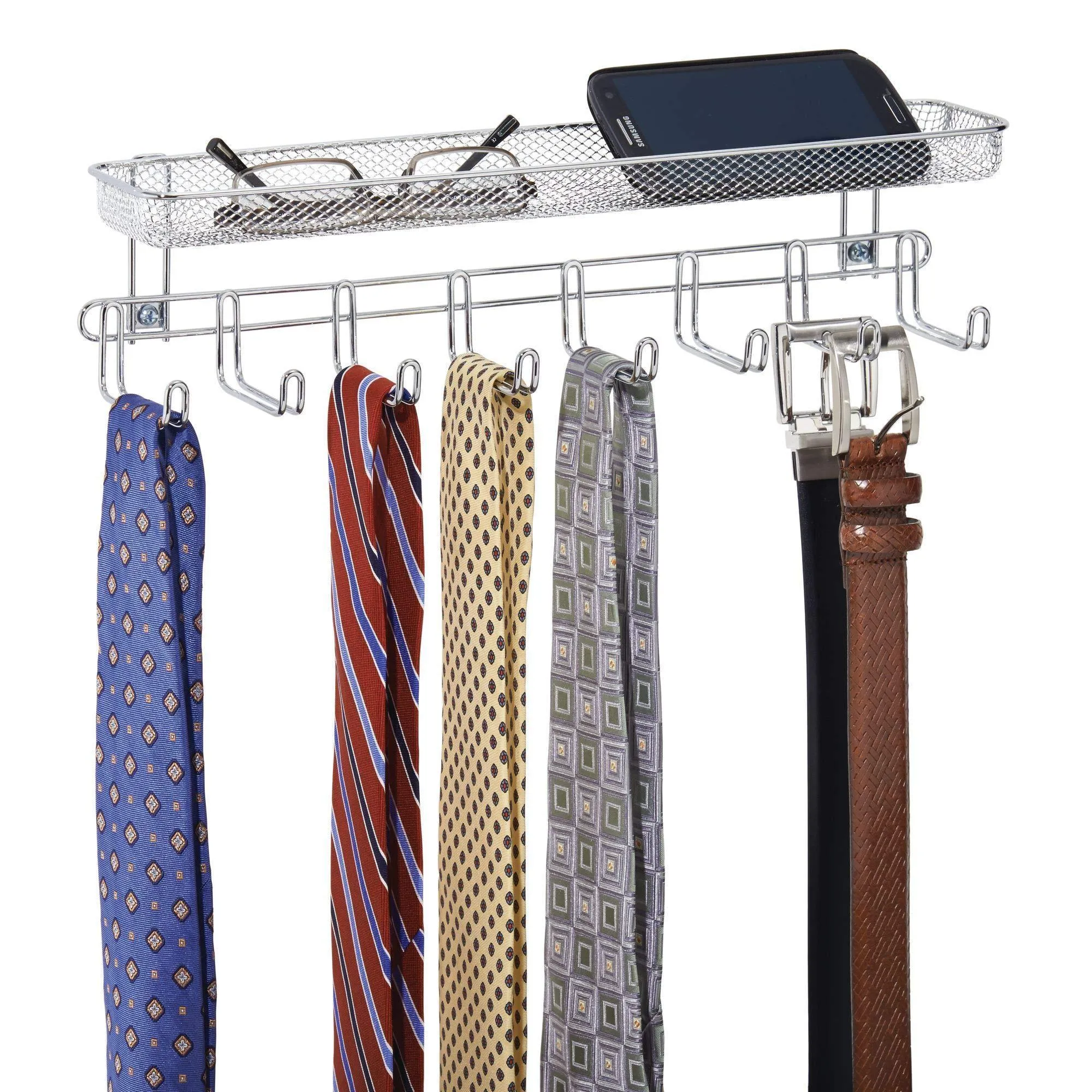 mDesign Closet Wall Mount Accessory Organizer for Storage of Ties, Belts, Watches, Glasses, Accessories - 8 Hooks/1 Basket, Pack of 2, Chrome