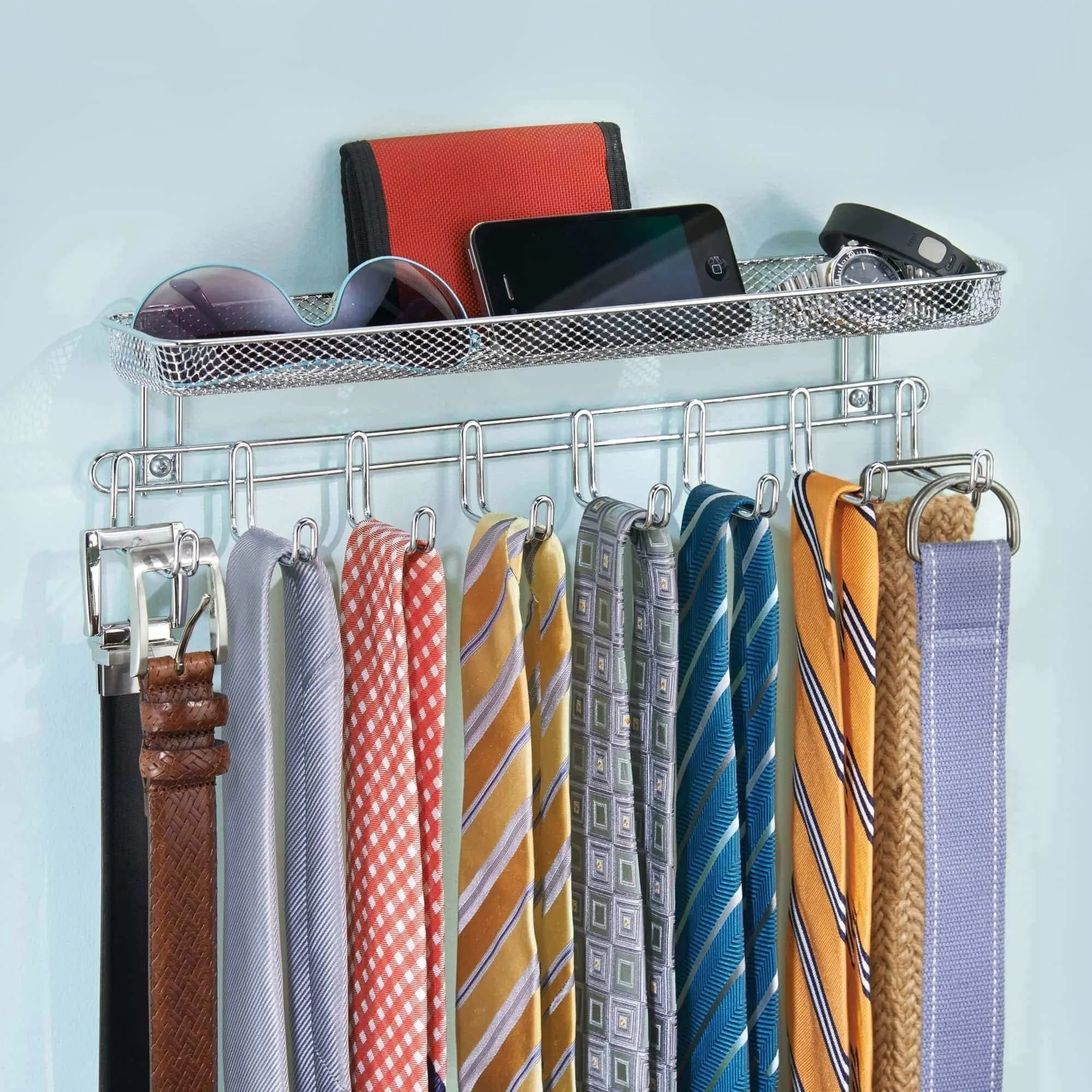 mDesign Closet Wall Mount Accessory Organizer for Storage of Ties, Belts, Watches, Glasses, Accessories - 8 Hooks/1 Basket, Pack of 2, Chrome