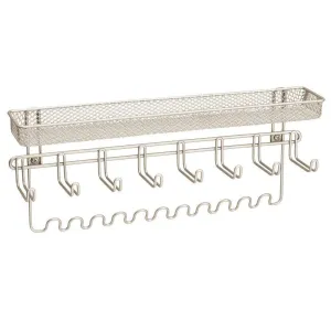 mDesign Decorative Metal Closet Wall Mount Jewelry Accessory Organizer for Storage of Necklaces, Bracelets, Rings, Earrings, Sunglasses, Wallets - 8 Large /11 Small Hooks, 1 Basket - 2 Pack - Satin