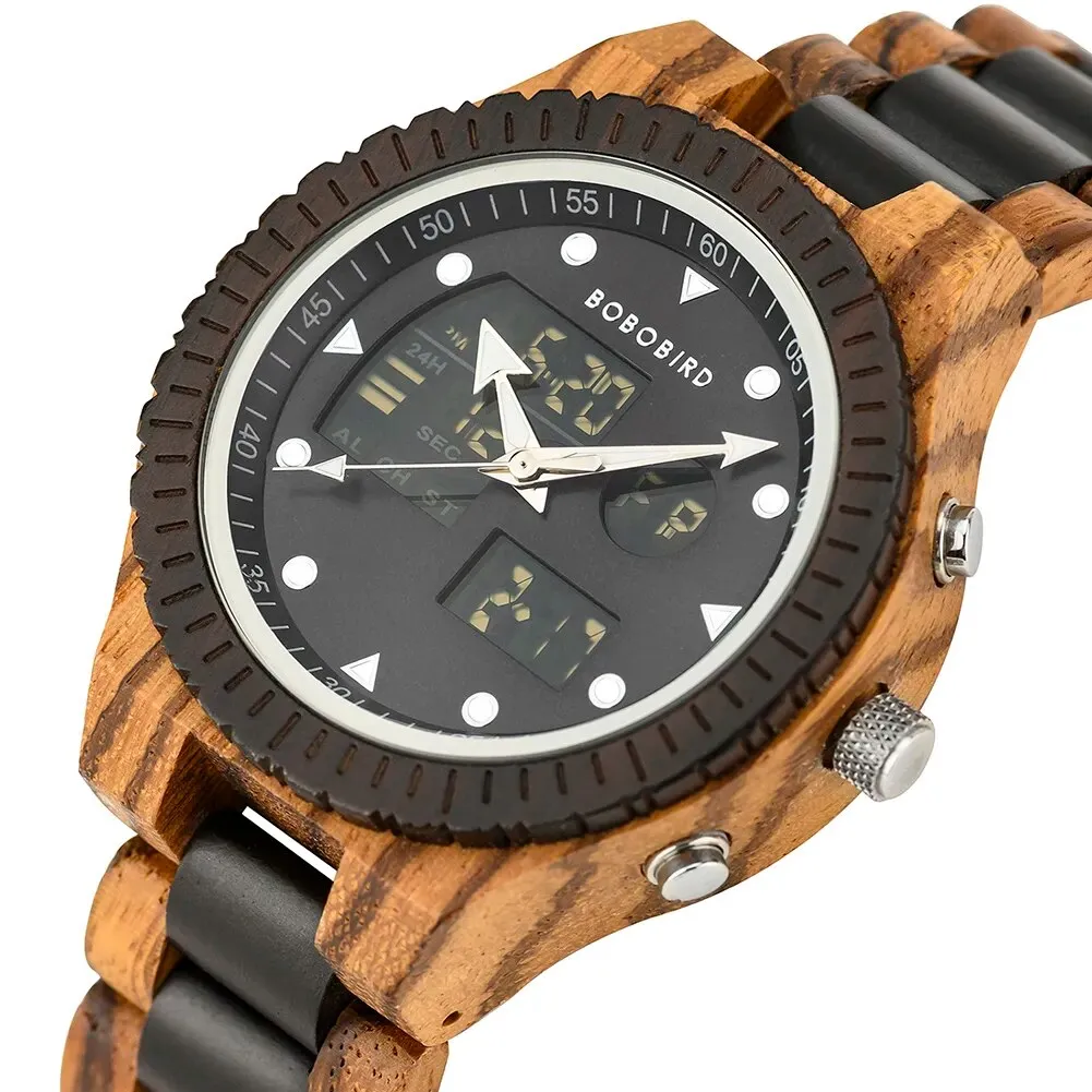 Men Watches BOBO BIRD Wooden Dual Display Wristwatch Luminous Hands Japanese Quartz Movement Auto Date Chronograph часы мужские