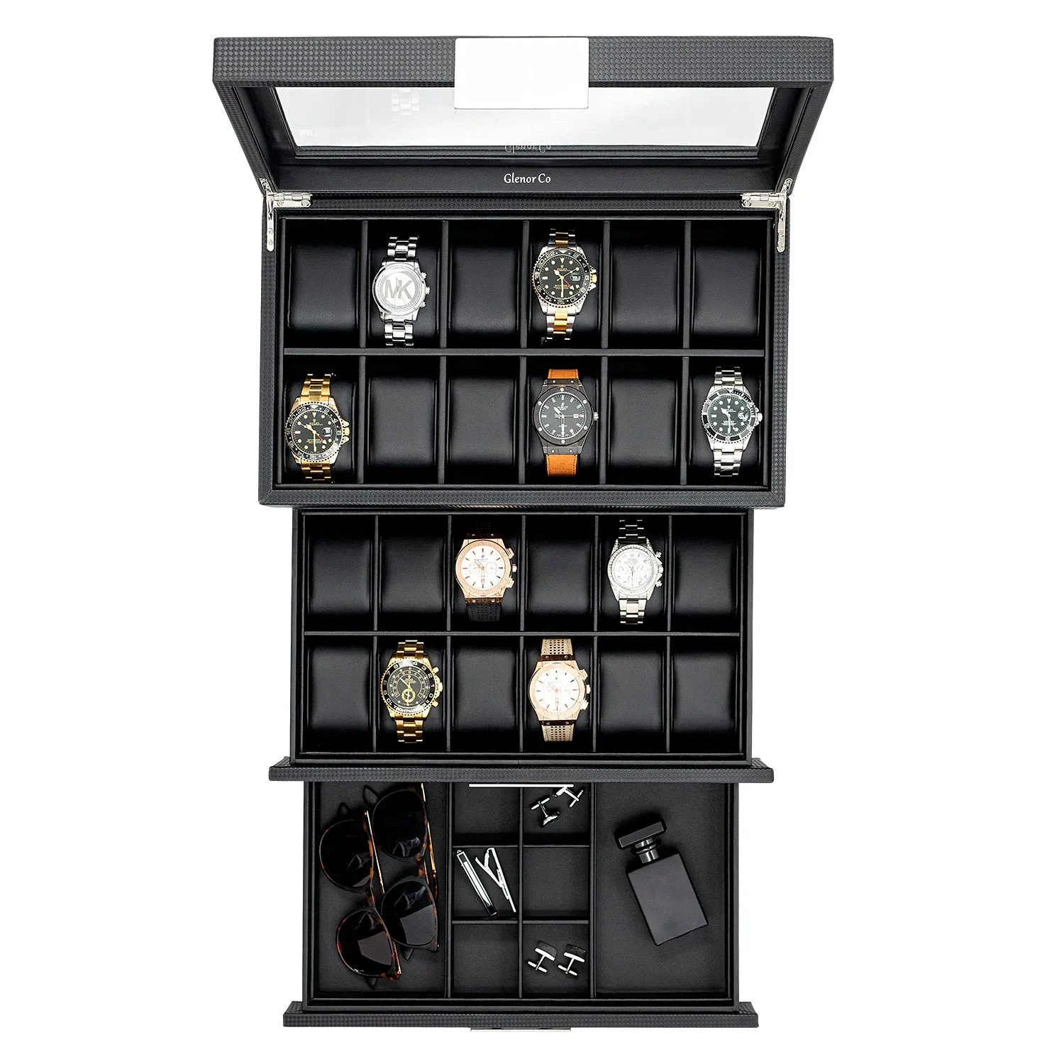 Men's Watch Box Organizer With Valet Drawer - 24 Slots