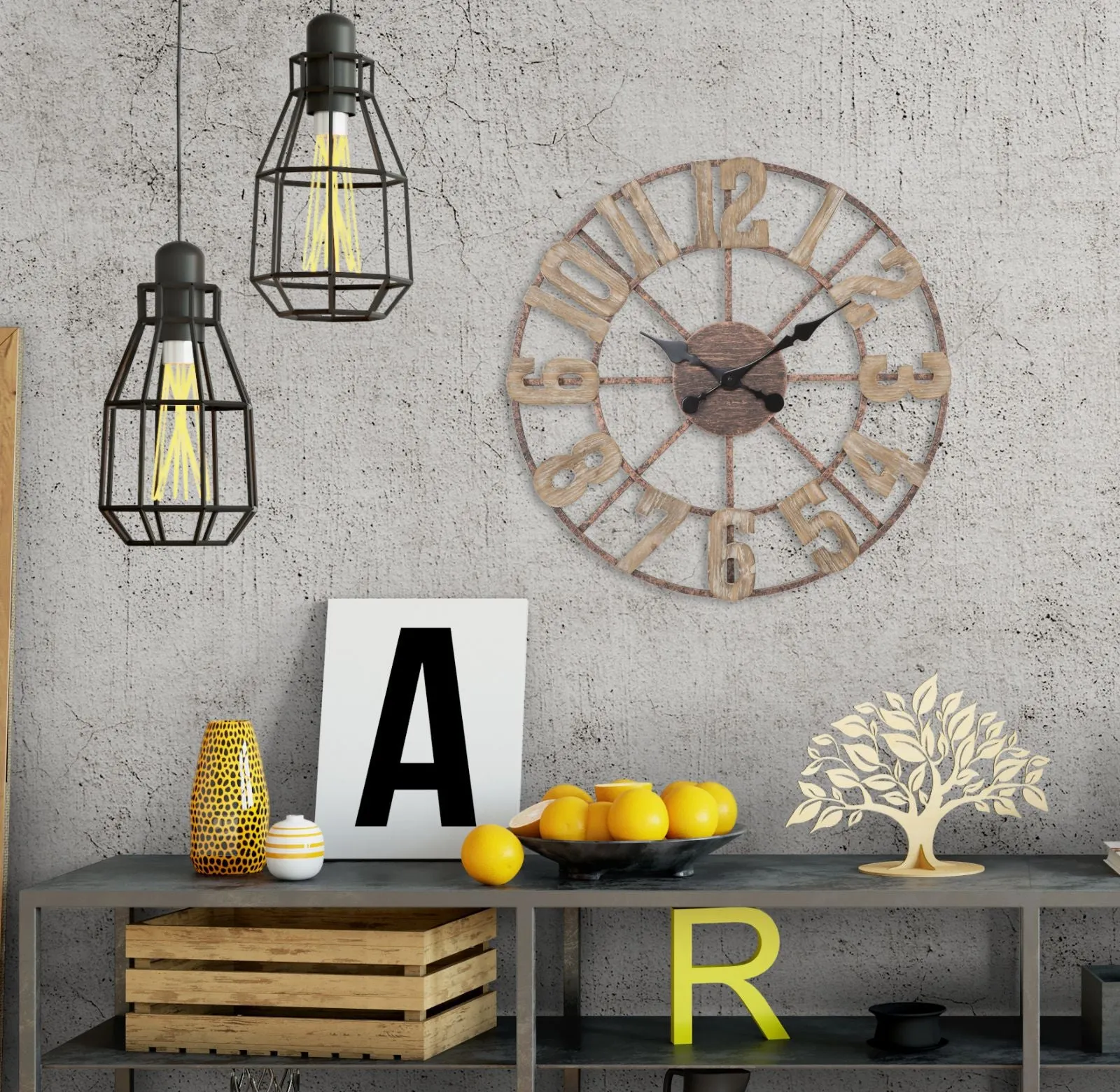 Metal & Wooden Arabic Numbers Wall Clock