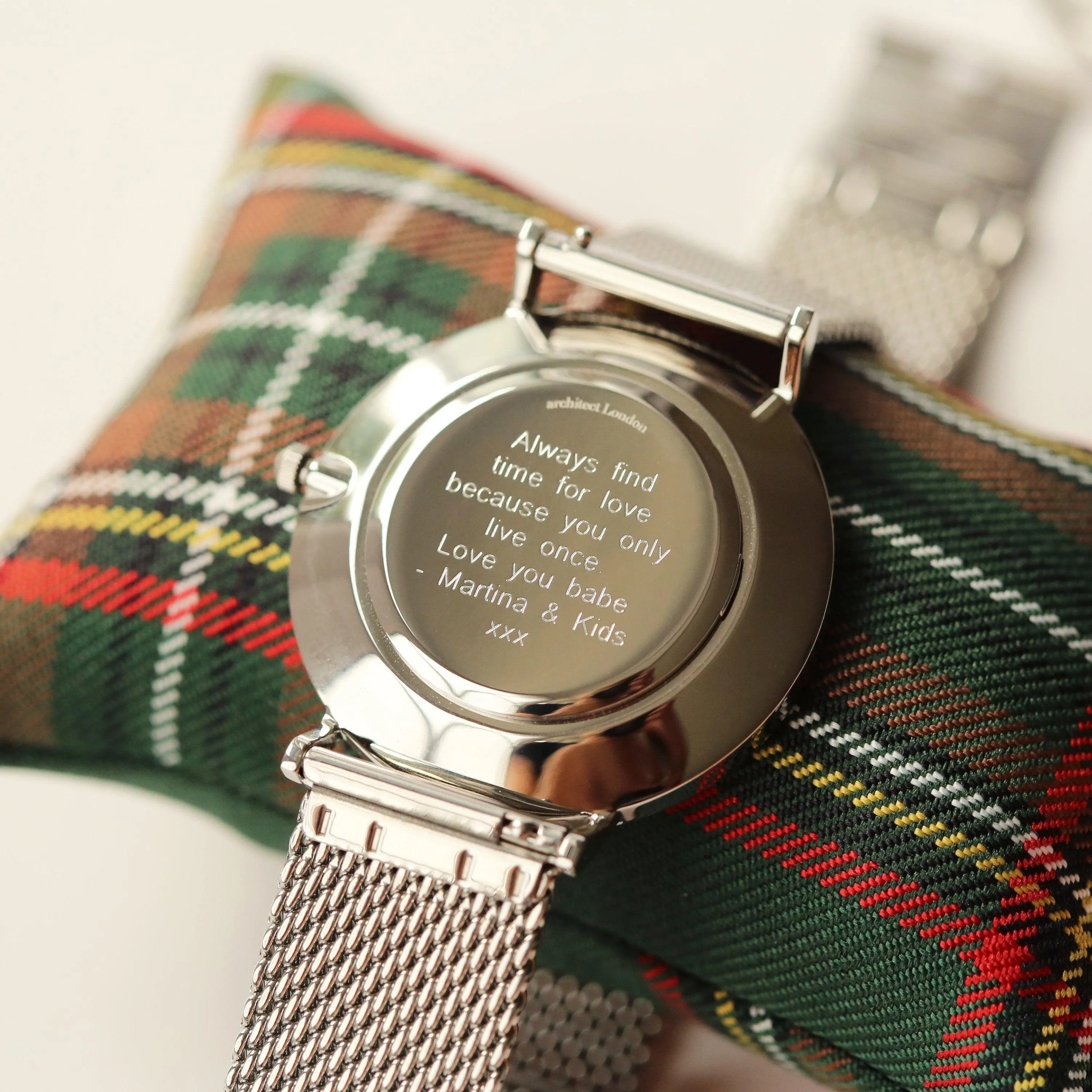 Modern Font Engraving - Men's Architect Zephyr   Steel Silver Mesh