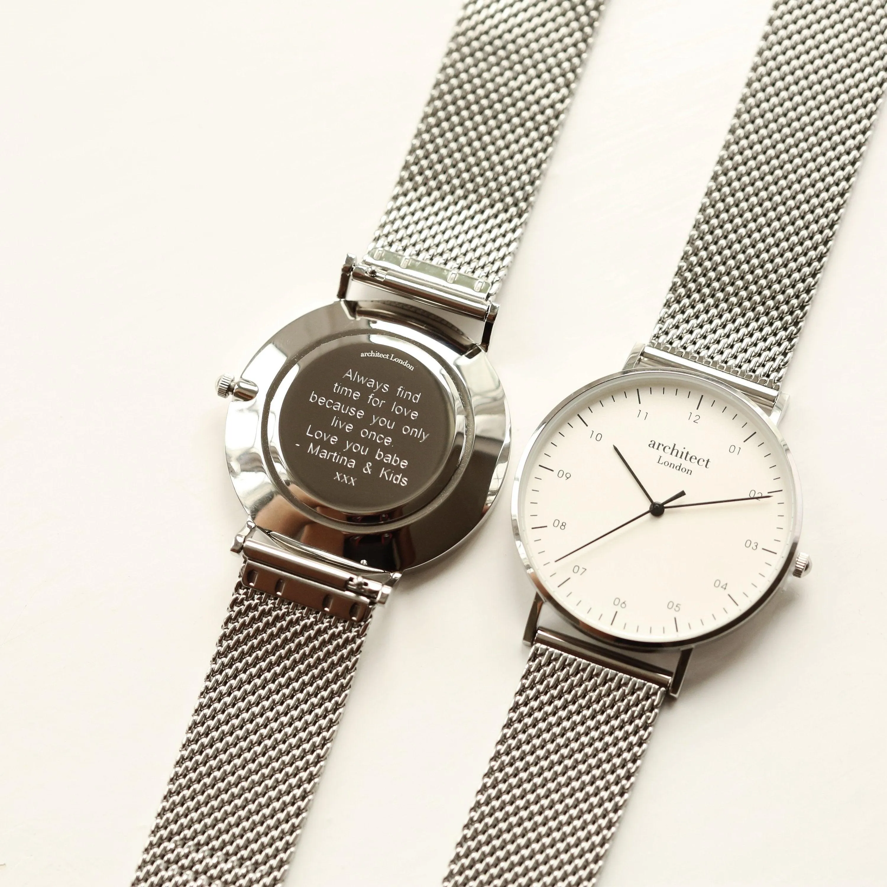 Modern Font Engraving - Men's Architect Zephyr   Steel Silver Mesh