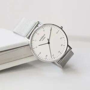 Modern Font Engraving - Men's Architect Zephyr   Steel Silver Mesh