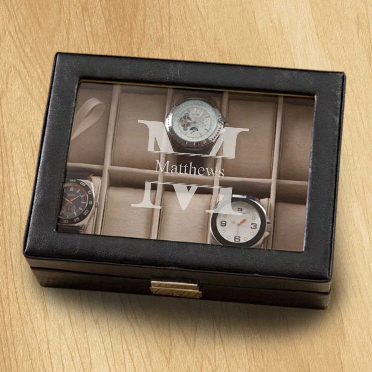 Monogrammed Watch Box - Black Leather - Holds 10 Watches