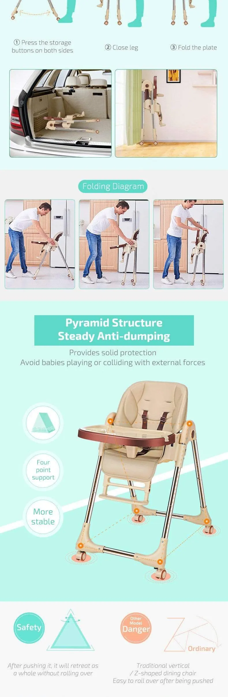 Multi function Foldable Portable Baby High Chair with Wheels