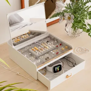 NATURE'S SOURCE Jewelry Organizer with Drawer and Mirror, Jewelry Box for Women Girls, Grid Storage Case for Earrings Necklaces Rings Bracelet Holder- White