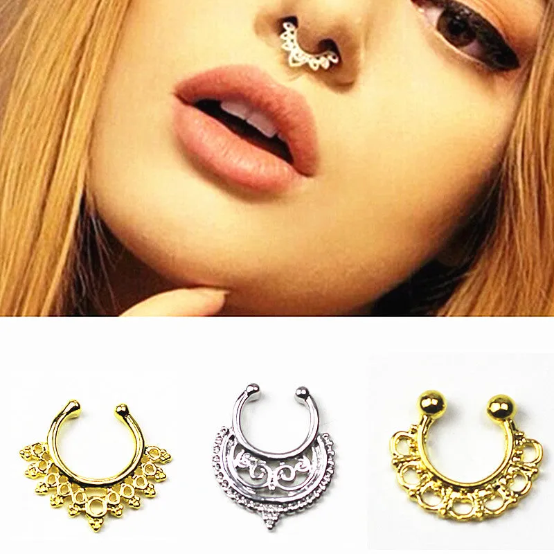 new Gold Silver Color Piercing nose ring Hoop nose For Women faux clip Rings clicker non Body Jewelry e03