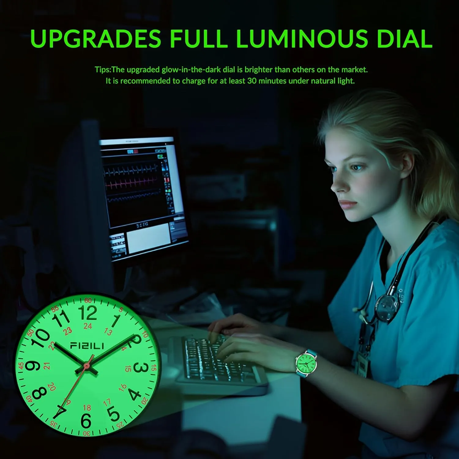 Nurse Watch for Medical Professionals Students Doctors Women Men - Waterproof Military Time Luminous Easy Read Dial, 24 Hour with Second Hand, Silicone Band Watches