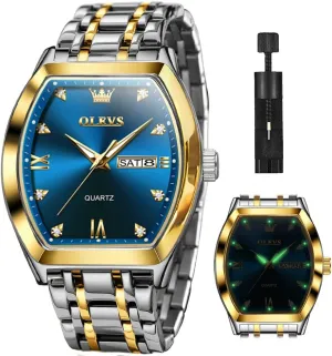 OLEVS Men Watches Square Business Dress Diamond Analog Quartz Date Luxury Watch for Men Casual Stainless Steel Waterproof Luminous Two Tone Wrist Watch