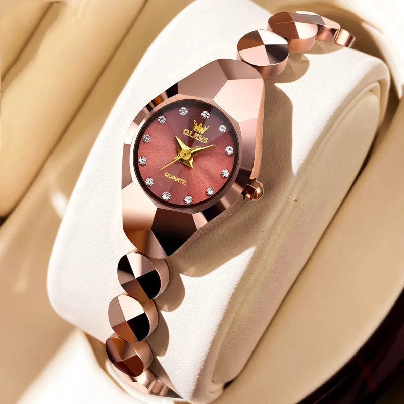 OLEVS Women's Rose Gold Ceramic Tungsten Steel Bracelet Watch – Luxury Quartz Timepiece