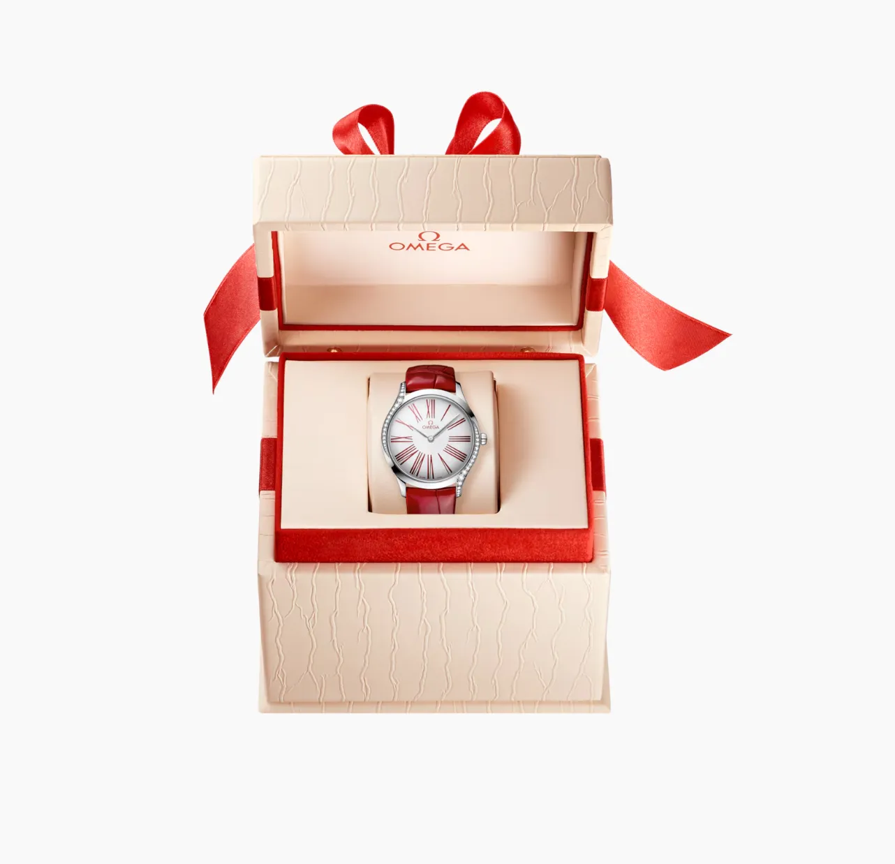 Omega Stainless Steel Red and White Trésor Watch with Diamonds